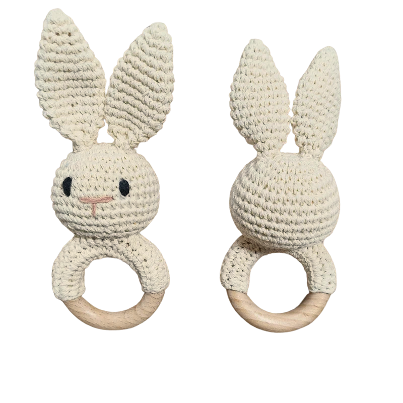 Organic Crochet Bunny Rattle – Natural Wood Ring | Binxy Baby