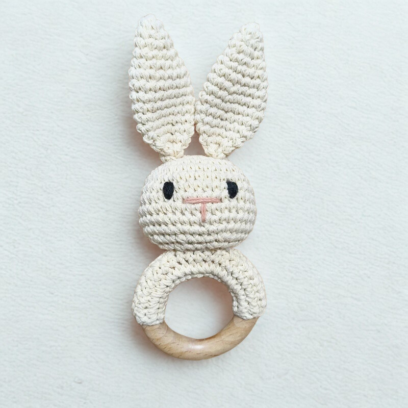 Organic Crochet Bunny Rattle – Natural Wood Ring | Binxy Baby