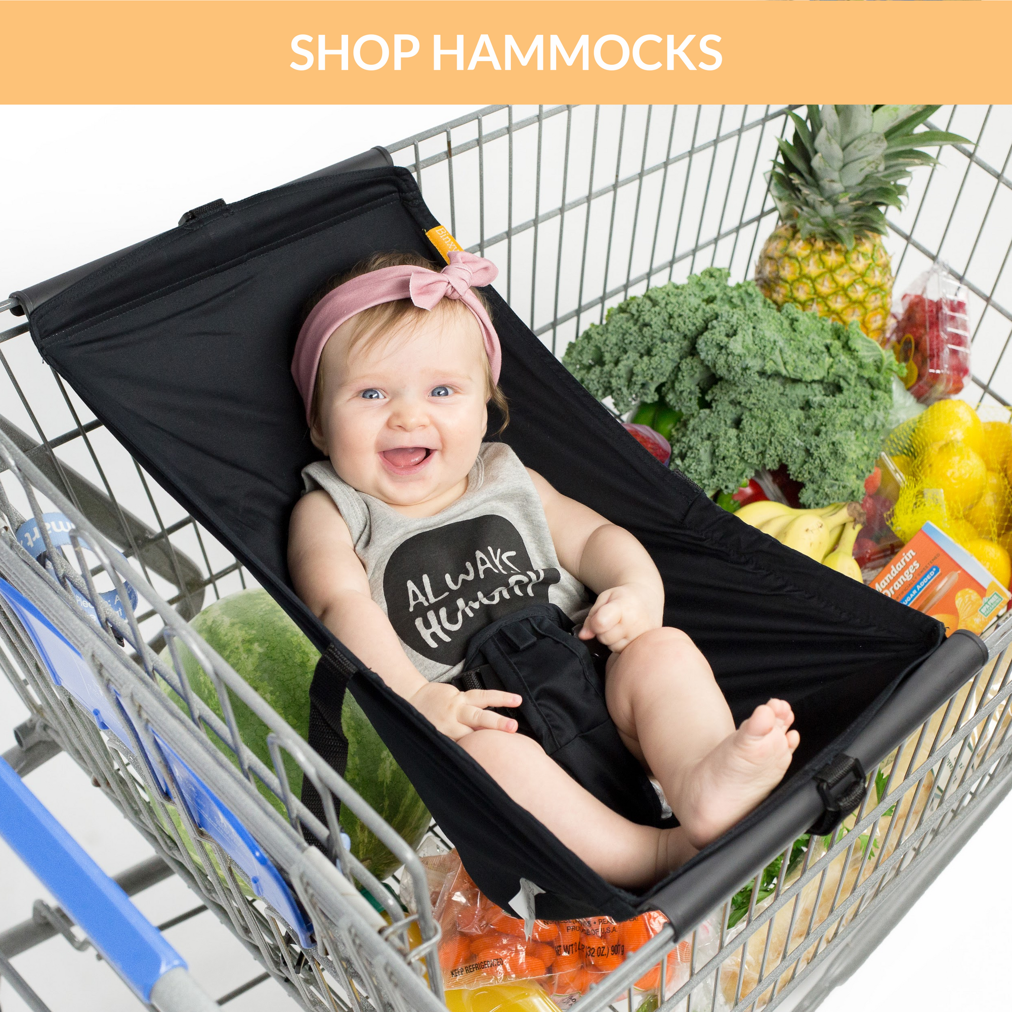 Binxy Baby Shopping Cart Hammock in black holds your baby in a comfy and secure sling while you shop. The hammock clips onto most shopping carts, hangs elevated to allow plenty of room for groceries underneath, then rolls up for easy transportation.