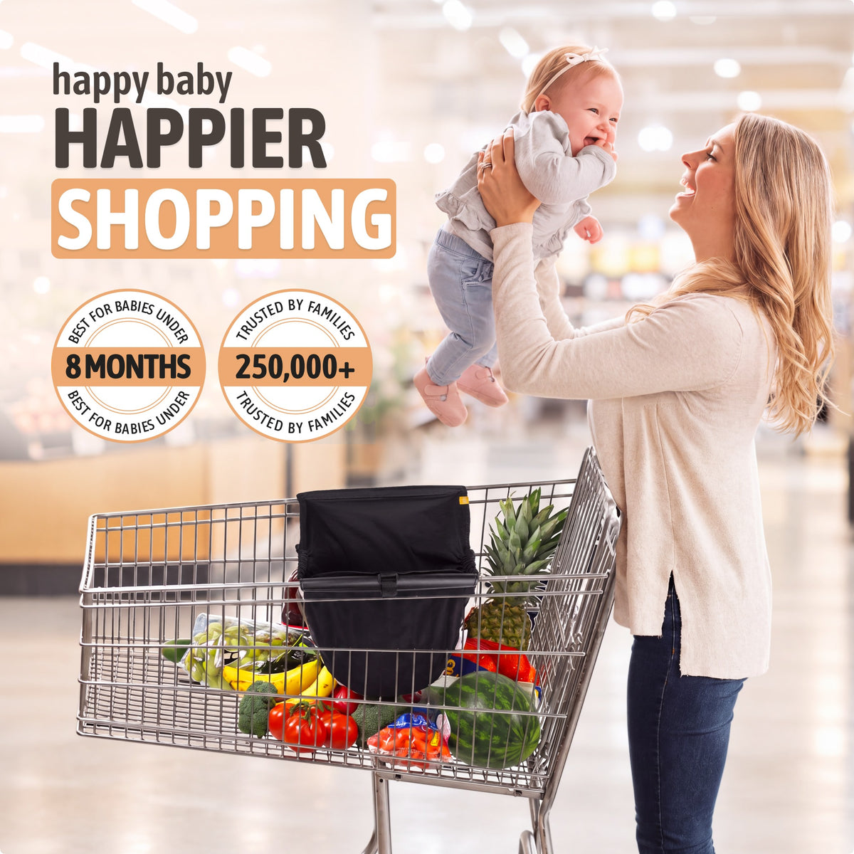 Mom lifting her smiling baby beside a grocery cart with the black Binxy Baby hammock, best for babies under 8 months, trusted by 250,000+ families