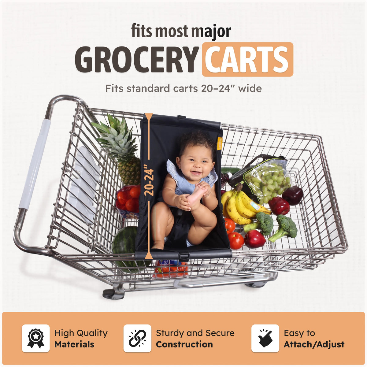 Top-down view of baby in the black cart hammock in a grocery cart, fits standard carts 20 to 24 inches wide