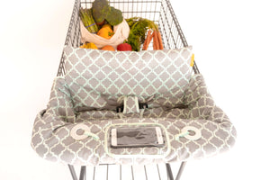 Baby Shopping Cart Cover - Grey/Aqua - clear plastic pouch and attached toy rings