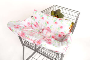 Baby Shopping Cart Cover - Full Bloom Watercolor Floral Print - clear plastic pouch with attached toy rings